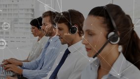 Animation of network of connections over diverse business people with phone headsets. Global business, connections, computing and data processing concept digitally generated video.