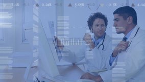 Animation of financial data processing over diverse doctors. Global medicine, business, finances, computing and data processing concept digitally generated video.
