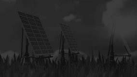 Animation of multiple graphs and trading board over close-up of grass against solar panels. Digital composite, multiple exposure, report, business, stock market, growth, green energy concept. - Powered by Shutterstock - Get 15% off with code: PIKWIZARD15