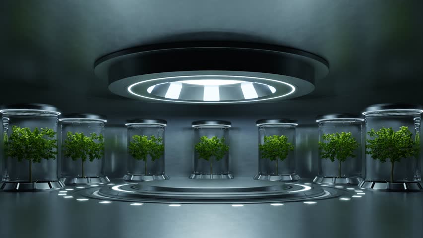 Hydroponics Lab room on spacecraft with circle podium empty.3d rendering Royalty-Free Stock Footage #1107074455