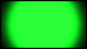 Vintage TV chromakey. Interference and flickering retro TV. Green screen with damaged film tape. Retro.