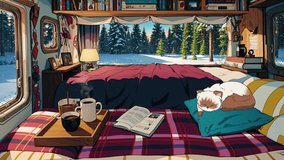 
Adorable cat sleeping in a camper van, hot coffee for cold weather in a forest. Loop Animation Video For LoFi Music and Live Wallpaper