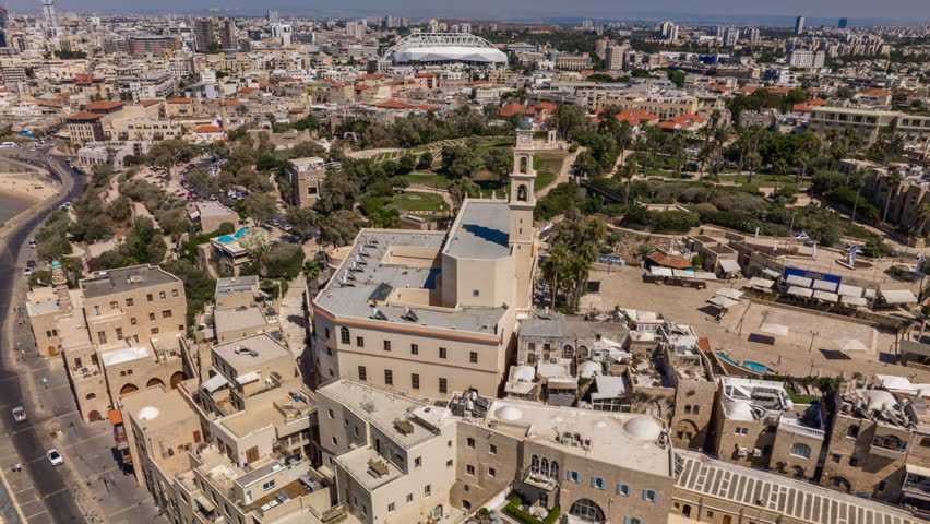 Jaffa old city port and church aerial drone hyperlapse time lapse 4k, Israel
