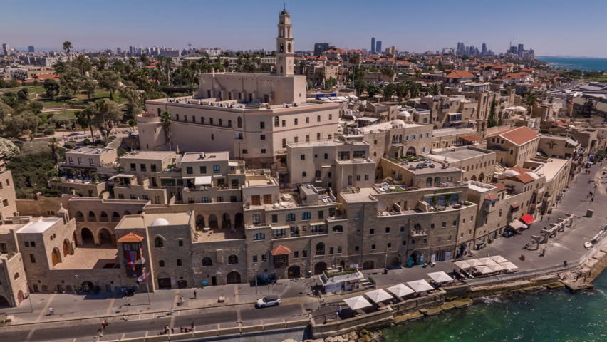 Jaffa old city port and church aerial drone hyperlapse time lapse 4k, Israel