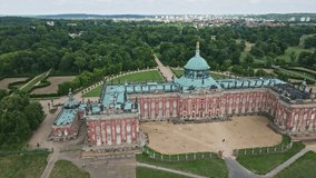 Aerial Drone shot of New Palace ( Neues Palais ). it is a palace situated on the western side of the Sanssouci park in Potsdam, Germany.