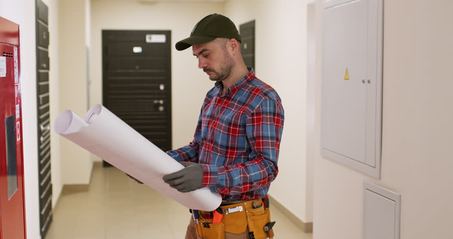 Repairman looks at sheet with instructions for opening fire safety station arranged in entrance of building. Male worker in work uniform presses buttons to open