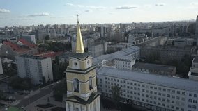 Perm Russia city center church aerial drone footage view during daytime