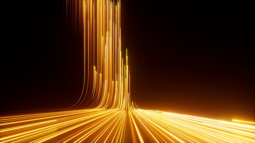 Cycled 3d animation. Abstract futuristic neon background, golden yellow glowing lines, laser rays, speed of light. Looping seamless animation