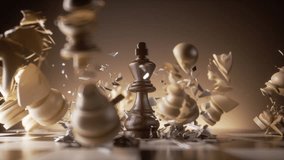 The black king chess piece falls onto the chessboard and smashes the white chess pieces. 3d animation of aggressive attack and successful strategy. - Powered by Shutterstock - Get 15% off with code: PIKWIZARD15