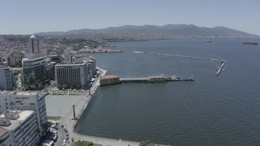 İzmir Cumhuriyet boulevard and sea view shift to the left. afternoon. Izmir city. buildings