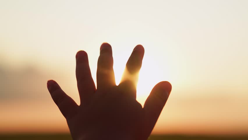 Hand of child boy stretches to beautiful sky, sunset. Childrens dreams hopes, reach out your hands to sky. Childrens prayer. Boy stretches his hand to beautiful sky, dreams in nature. Child is playing