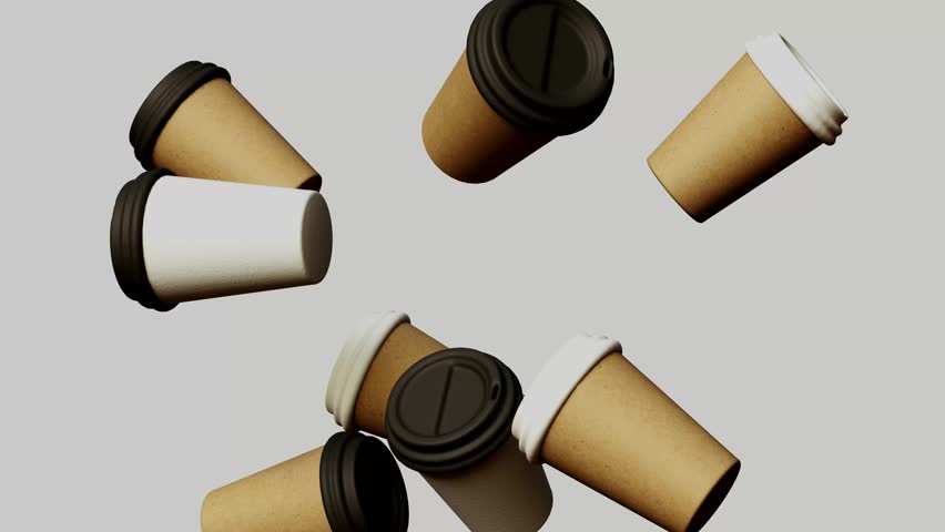 Animated video of flying paper coffee cups in white and brown colors on a white background, 4K  Royalty-Free Stock Footage #1107102243