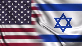Horizontal waving flag of USA and Israel. IDF Military aid, Strategic alliance, Middle East stability, trade, economy and economic cooperation between nations concepts. 4K Motion Graphics video