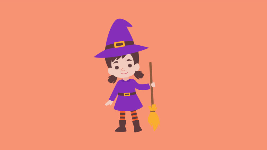 Happy girl witch holding a broom vector cartoon style isolated alpha background to celebrate Halloween celebrities