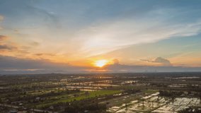 Video 4K, High angle view by Drone over rice fields, palm trees, rural farming areas. At twilight, the sun is setting beautifully.