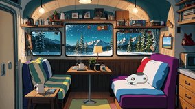 Little cat sleeping in the camping car in the snowy mountains, fresh morning with hot cup of coffee. Loop Animation Video For LoFi Music and Live Wallpaper