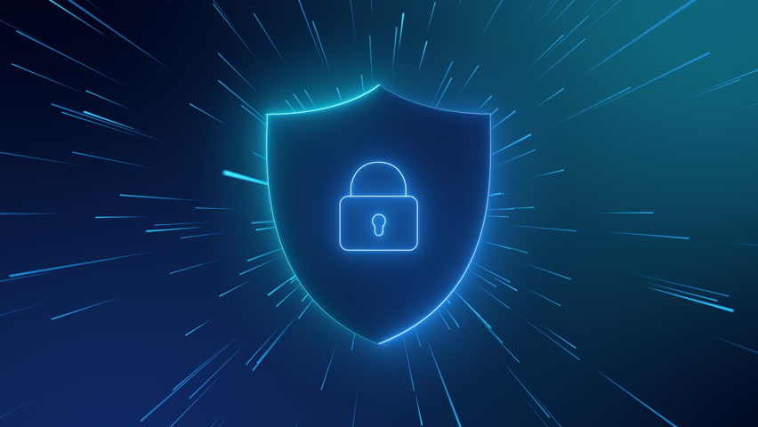 Cyber security animation - a shield with lock icon. Hi-tech style seamless loop video. Advanced technology 3D big sign. Cybersecurity blue theme with moving particles. Computer animation | Shutterstock HD Video #1107112209