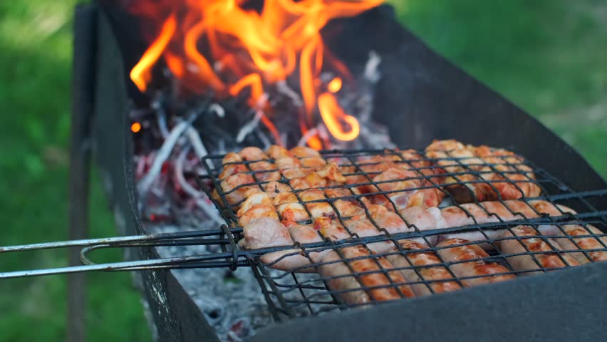Roasted chicken thigh on grill. Grilling sausages meat on outdoor grill, tasty barbeque chicken steak with smoke flames, juicy meat on a flaming grill, picnic BBQ time Royalty-Free Stock Footage #1107113407