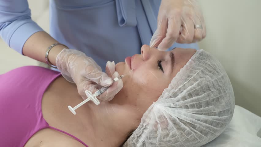 Practical application of a cosmetic procedure in the video: a dermatologist makes a collagen injection to eliminate wrinkles and rejuvenate the patient's face Royalty-Free Stock Footage #1107116475