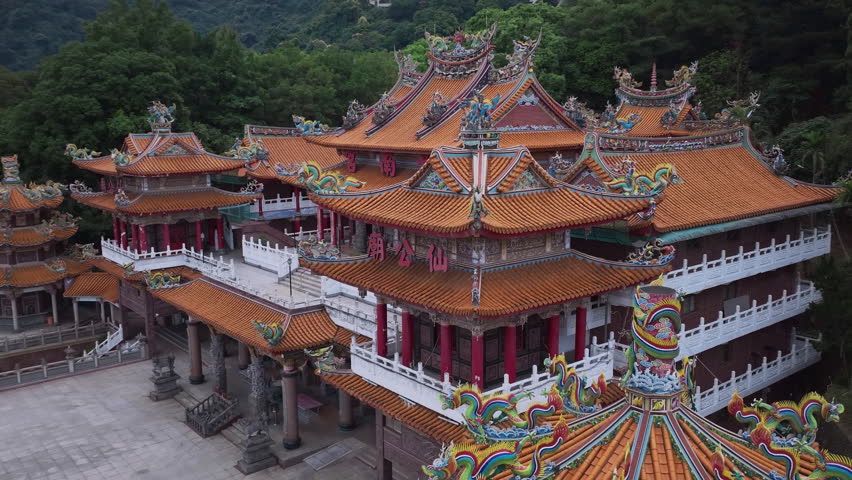 Sacred Taoist Temple In The Green Mountains Of Taipei, Taiwan, Aerial View