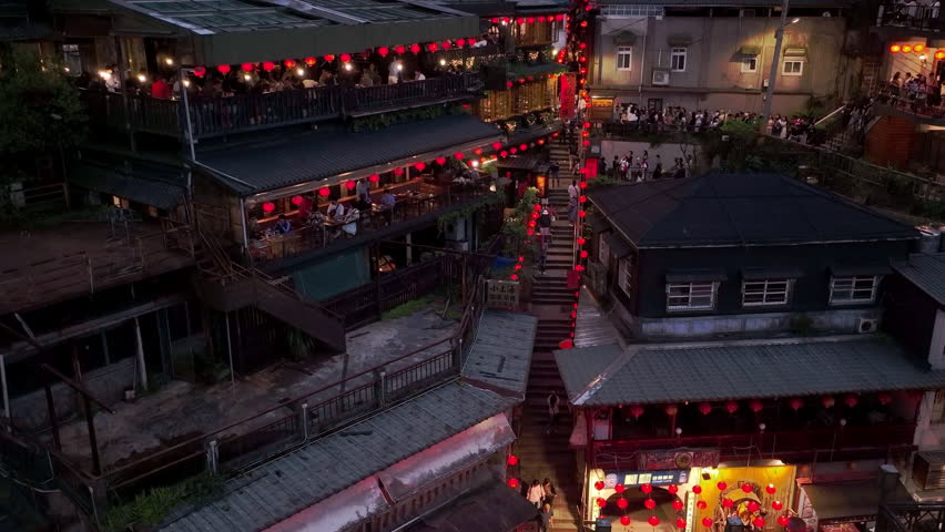 Tourists On The Famous Jiufen Night Street, Taiwan, Evening Aerial View