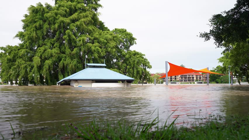 River side park flooded after the heavy rain in West End, Brisbane, Australia