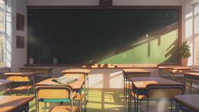 empty classroom with neat desks and big green chalkboard. Back to School Cartoon or Japanese anime watercolor painting illustration style. seamless looping 4K virtual video animation background.