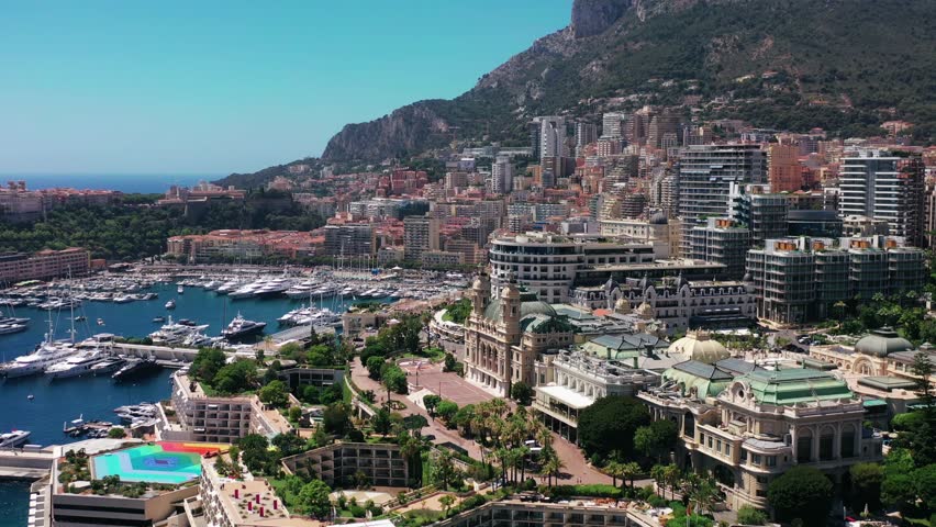 The drone is flying towards the city centre of Monaco in France Aerial Footage 4K
