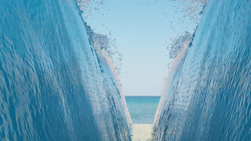 sea ​​water opening. 3d animation of sea water splitting in half. the sea of ​​the beach opening up to make a way