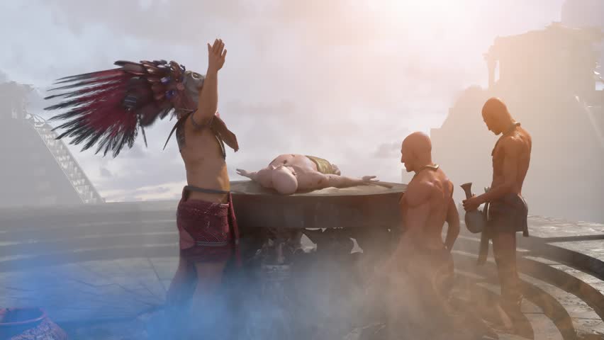 ancient Mayan aztec tribe , priest brings human sacrifices 3d render