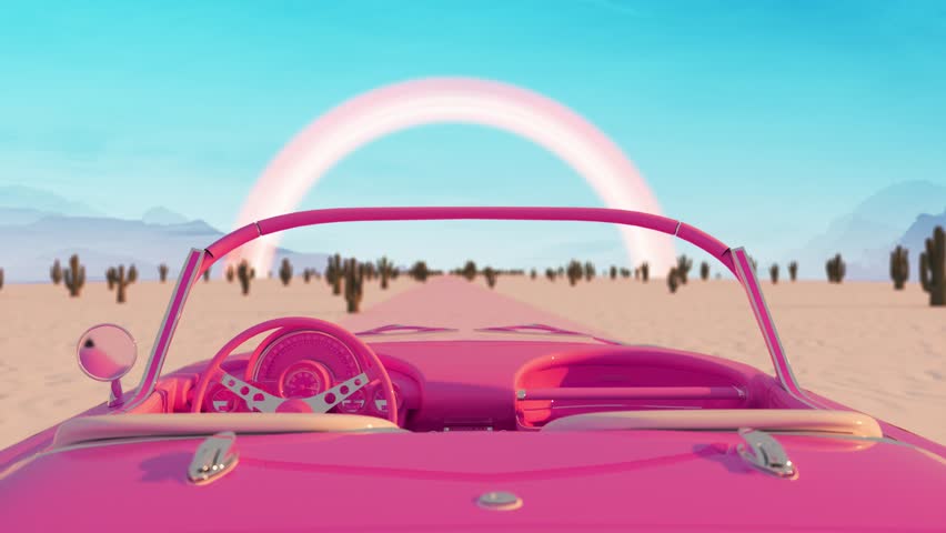 Pink Car Driving To A Desert Rainbow.  3D pink car driving towards a desert rainbow in a seamless loop. Royalty-Free Stock Footage #1107145463