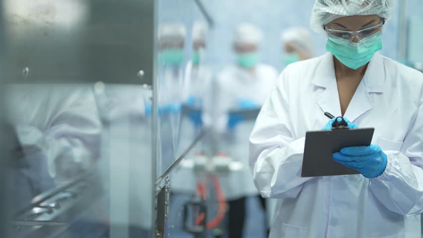 Female factory workers check machine systems at the industrial factory. Women working in clean rooms for beverage and food production. Female worker recording data at the control panel. Royalty-Free Stock Footage #1107149817