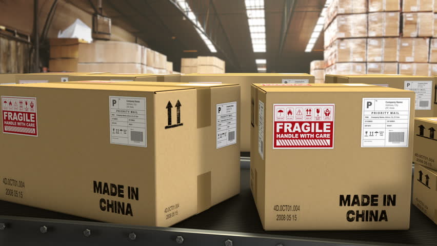 in a warehouse, boxes on a conveyor belt with the mention Made in China. 3D animation  Royalty-Free Stock Footage #1107153523