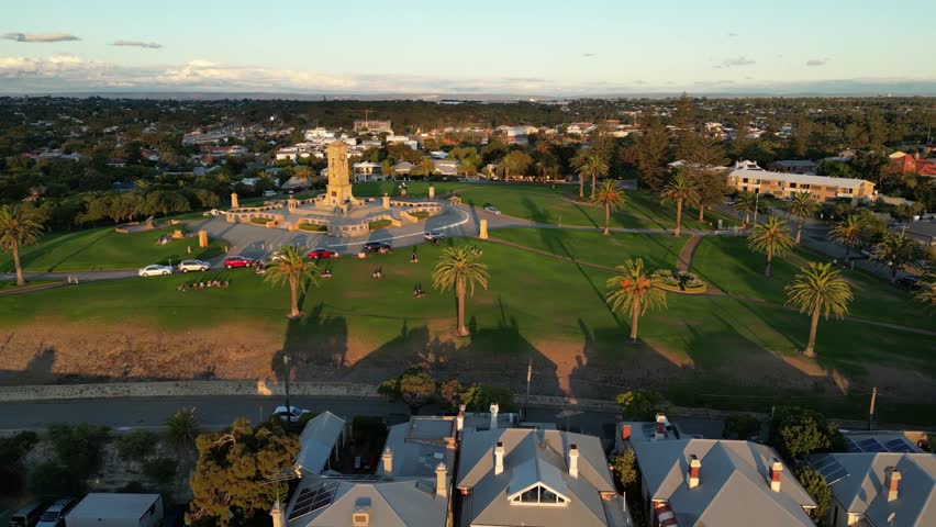 Aerial view showing famous Fremantle War Memorial on Monument Hill during sunset time, Western Australia