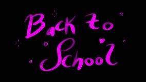 Back to School animation pink glitter lettering on black screen. Stock footage for September 1st in 4K with alpha channel.