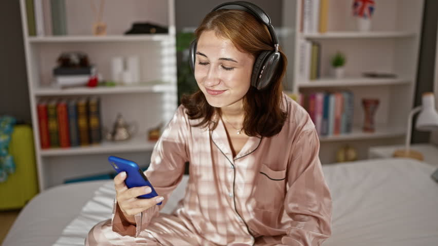 Young woman listening to music sitting on bed drinking coffee at bedroom