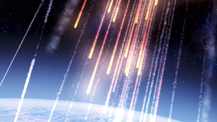 Burning Meteor shower over earth atmosphere
Burning meteors falling from space to earth in fast speed with smoke trails, global threat concept, 2023

