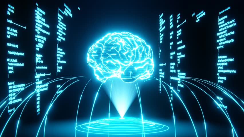 Spinning human brain hologram with scrolling computer code in background. Concept of machine learning and artificial intelligence. Seamlessly looping 3D animation    - Powered by Shutterstock - Get 15% off with code: PIKWIZARD15
