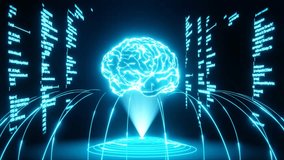 Spinning human brain hologram with scrolling computer code in background. Concept of machine learning and artificial intelligence. Seamlessly looping 3D animation    - Powered by Shutterstock - Get 15% off with code: PIKWIZARD15