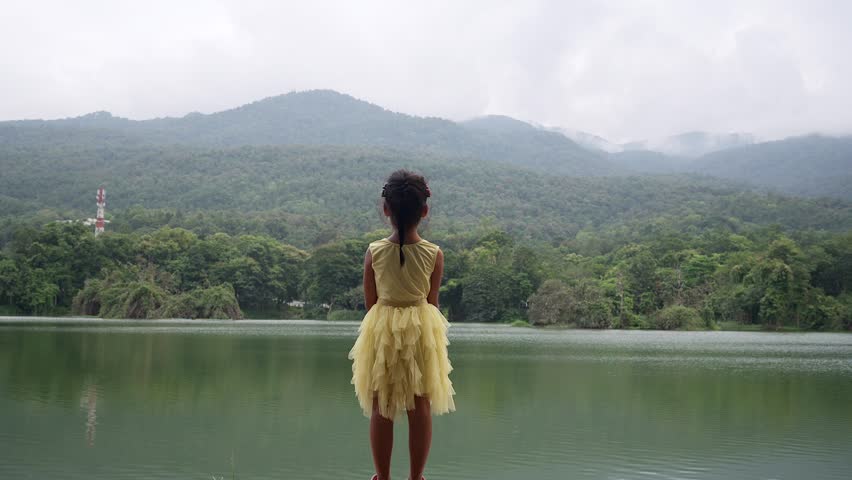 Back view adorable little girl looking at the lake.