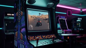 Racing the fast car on the desert track in the arcade simulator. Drifting the truck on the sandy racing track in the arcade game. Winning the racing track mission in the arcade level. Animation