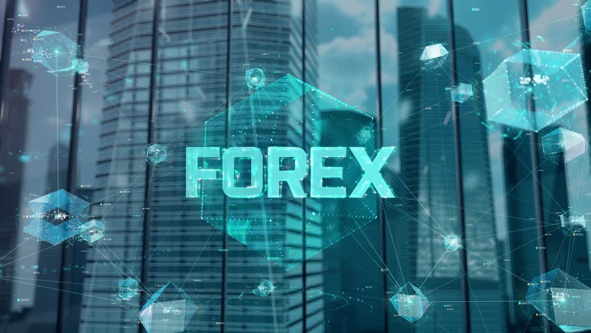 FOREX. Businessman Working in Office among Skyscrapers. Hologram Concept