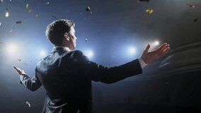 Young Excited Man keeping arms raised Ecstatic About Winning the Coveted Business Person of the Year Award. Man Celebrating After Winning the Event. Handsome Specialist Celebrating on Stage. - Powered by Shutterstock - Get 15% off with code: PIKWIZARD15