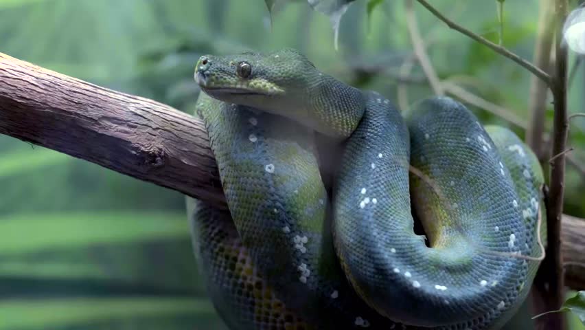 closeup of a adorable green tree python snake macro closeup resting on a branch of tree. epic shot of a green python closeup resting on tree Royalty-Free Stock Footage #1107183307