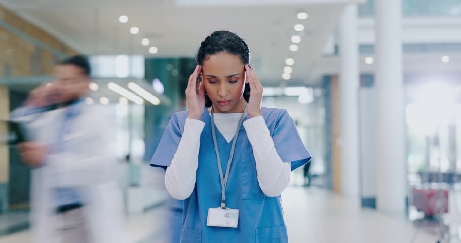 Woman, doctor and headache in time lapse, stress or anxiety from debt, overworked or tired at busy hospital. Frustrated female person, medical or healthcare nurse in mistake, migraine or clinic chaos
