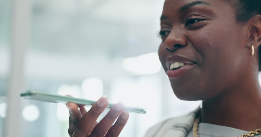 Black woman, phone and talking on voice note in communication or conversation at office. African female person or employee speaking on mobile smartphone, recording or business discussion at workplace Royalty-Free Stock Footage #1107183539
