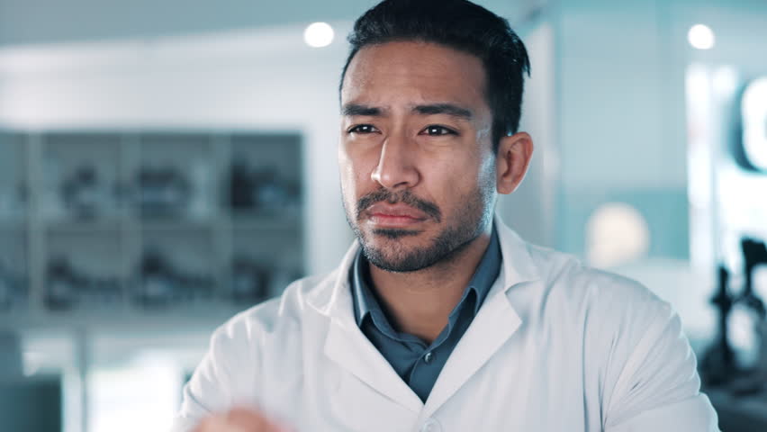 Tired, man or scientist with headache stress in a laboratory overworked with burnout, migraine pain or fatigue. Exhausted, frustrated or researcher working on medical science research with problem Royalty-Free Stock Footage #1107183911