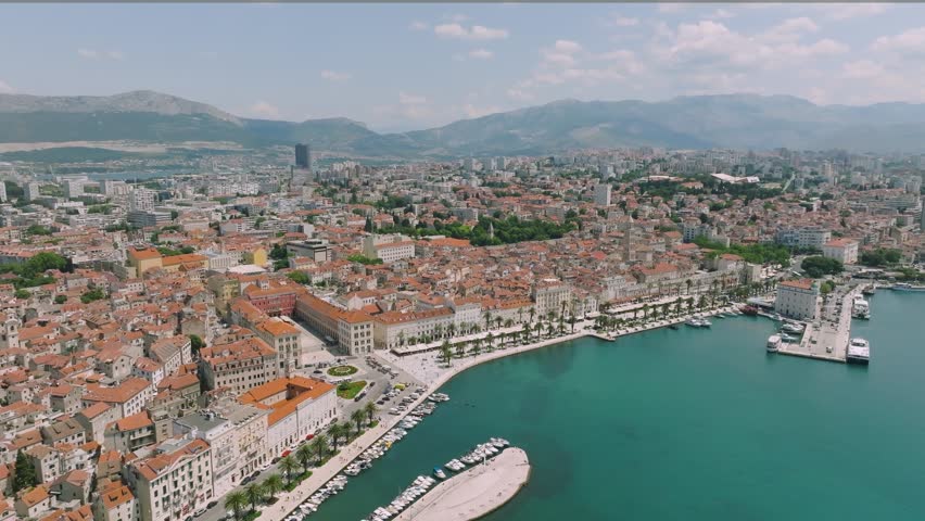 Picturesque Of The City Of Split Near Riva Harbour At Daytime In Croatia. aerial, wide shot