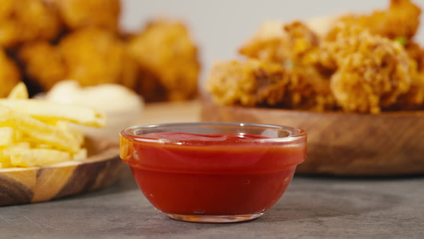 Man eating Fast food delivery meals chicken nuggets with sweet chilli sauce tomato ketchup, and fried chicken french fries, on wooden table ready to takeaway. Fat American cuisine. Royalty-Free Stock Footage #1107185127
