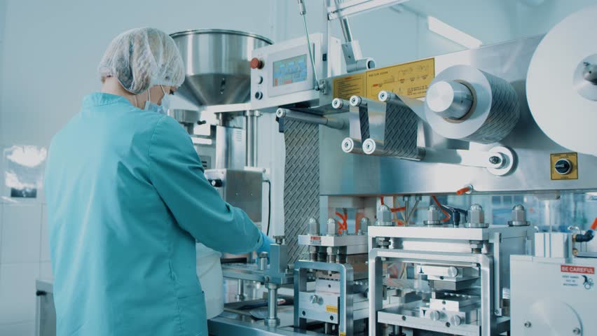 4K Blister Packing Machine. Woman works at the workplace. Tablet pharmaceutical blister packaging machine in supplement drug manufacture. Pharmaceuticals production line Royalty-Free Stock Footage #1107186473